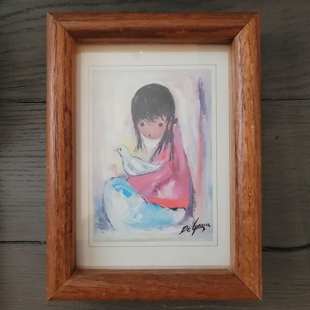 Vintage DeGrazia 'The White Dove' Wall Hanging Art 5x7 Wood Frame Collectible